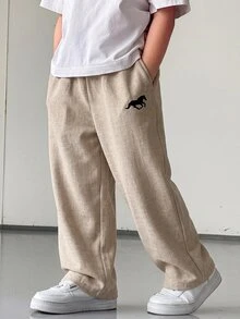 SHEIN 男童休闲街头风条纹梭织长裤，带口袋，直筒裤型，轻便舒适，适合外出、度假、摄影、上学、运动、聚会等多种场合，春夏皆宜。 - 杏色 - 查看 1