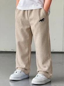 SHEIN 男童休闲街头风条纹梭织长裤，带口袋，直筒裤型，轻便舒适，适合外出、度假、摄影、上学、运动、聚会等多种场合，春夏皆宜。 - 杏色 - 查看 4