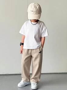 SHEIN 男童休闲街头风条纹梭织长裤，带口袋，直筒裤型，轻便舒适，适合外出、度假、摄影、上学、运动、聚会等多种场合，春夏皆宜。 - 杏色 - 查看 3