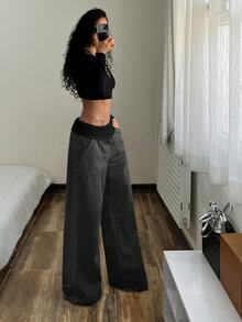 SHEIN Tall 女款休閒水洗寬腿牛仔褲，適合高個女性 - 黑色 - 查看 3