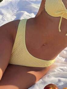 Swim Mod Women's Butter Yellow Swimwear Bottom, Textured Fabric High-Waisted Bikini Bottoms, Summer Casual Sexy Breezy Holiday Vacation Sweet Girl Style Beach - Yellow - View 3