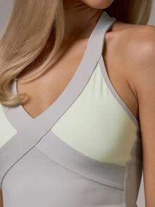 Musera Sport Contrast Colour Blocked Cross Front Detail Plunge V Fitted Active Coord Top Gym Pilates Daily Running - Light Grey - View 3