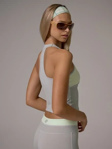 Musera Sport Contrast Colour Blocked Cross Front Detail Plunge V Fitted Active Coord Top Gym Pilates Daily Running - Light Grey - View 5