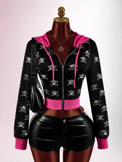 Amplova Women's Halloween Skull Rhinestone Hooded Sweatshirt