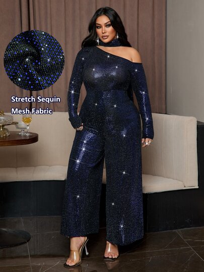 NU&NOW Plus Size Women's Autumn/Winter Navy Blue Sequin Asymmetrical Shoulder Halter Neck Jumpsuit, Long Sleeve Draped Wide Leg Pants With Pockets, Party Evening