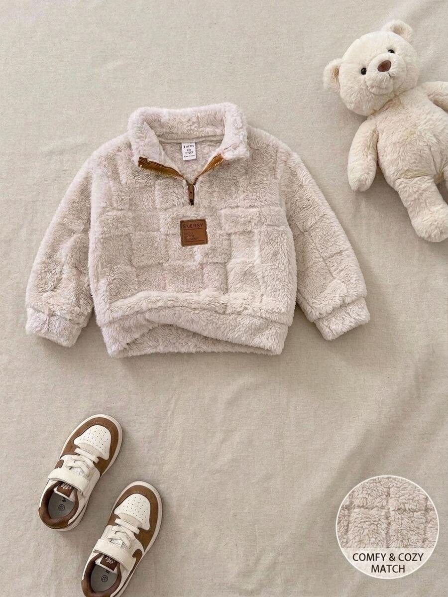 SHEIN Baby Boy Simple Patch Double-Sided Fleece Jacquard Patch Stand Collar Long Sleeve Half-Zip Winter Sweatshirt, Soft And Comfortable,Halloween Fall - Apricot - View 1