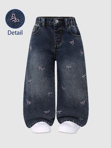 SHEIN Elladie kids 女童百搭時尚休閒藍色直筒牛仔褲 - 深色水洗藍 - 查看 3