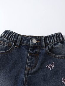 SHEIN Elladie kids 女童百搭時尚休閒藍色直筒牛仔褲 - 深色水洗藍 - 查看 4