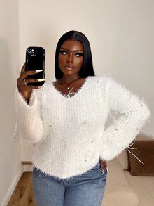 Elenzga Women's Solid Color V-Neck Casual Versatile Daily Wear Long Sleeve Sweater - White - View 1