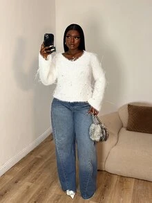Elenzga Women's Solid Color V-Neck Casual Versatile Daily Wear Long Sleeve Sweater - White - View 3