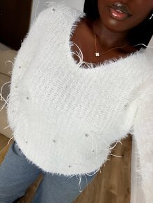 Elenzga Women's Solid Color V-Neck Casual Versatile Daily Wear Long Sleeve Sweater - White - View 6