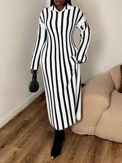 LanaWest Women's French Style Black & White Striped Collared Half-Button Knit Long Dress, Loose Fit Casual Knit Dress