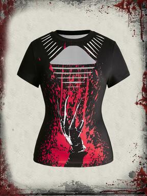 A Nightmare on Elm Street X ROMWE IP Collab Graphic Print Plus Size Y2K Punk Sexy Distressed Design Halloween Slim Fit T-Shirt Solid Color Versatile