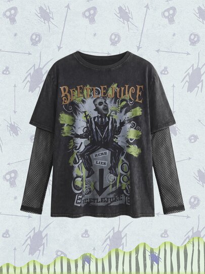 Beetlejuice X ROMWE Camiseta holgada para mujer talla grande con estampado gráfico Underworld Master y patchwork de malla, colaboración IP