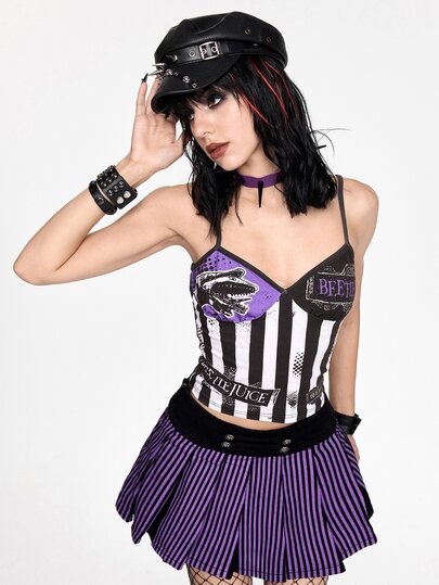 Beetlejuice X ROMWE Damen figurbetontes Tanktop, frecher Gothic Halloween Stil, schwarz-weiß gestreift mit lila Logo, von Horrorfilmen inspiriert