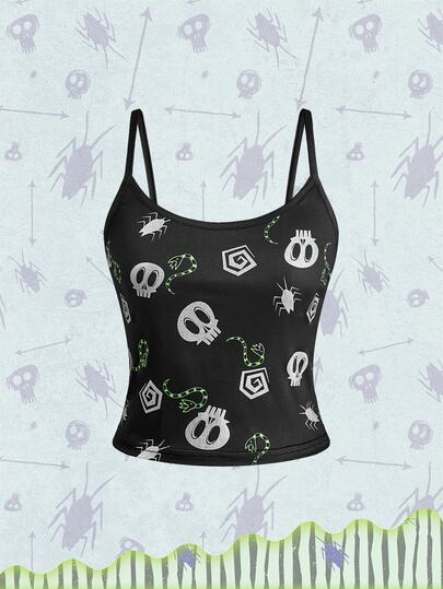 Beetlejuice X ROMWE Damen Camisole Tank Top mit Totenkopf-Muster im Dark Style