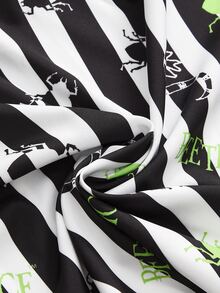 Beetlejuice X ROMWE Plus Size Women's Striped Cartoon Print Casual Daily Dress - Black and White - View 6