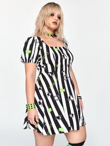 Beetlejuice X ROMWE Plus Size Women's Striped Cartoon Print Casual Daily Dress - Black and White - View 5