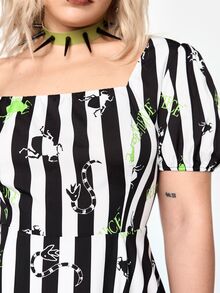 Beetlejuice X ROMWE Plus Size Women's Striped Cartoon Print Casual Daily Dress - Black and White - View 2