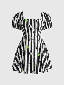 Beetlejuice X ROMWE Plus Size Women's Striped Cartoon Print Casual Daily Dress - Black and White - View 12