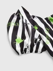 Beetlejuice X ROMWE Plus Size Women's Striped Cartoon Print Casual Daily Dress - Black and White - View 3