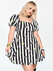 Beetlejuice X ROMWE Plus Size Women's Striped Cartoon Print Casual Daily Dress - Black and White - View 7