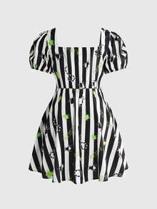 Beetlejuice X ROMWE Plus Size Women's Striped Cartoon Print Casual Daily Dress - Black and White - View 11