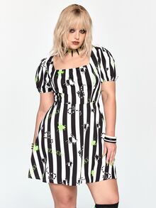 Beetlejuice X ROMWE Plus Size Women's Striped Cartoon Print Casual Daily Dress - Black and White - View 4