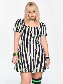 Beetlejuice X ROMWE Plus Size Women's Striped Cartoon Print Casual Daily Dress - Black and White - View 10