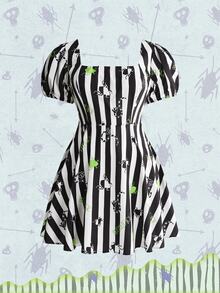 Beetlejuice X ROMWE Plus Size Women's Striped Cartoon Print Casual Daily Dress - Black and White - View 13