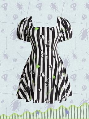 Beetlejuice X ROMWE Vestido casual de uso diario con estampado de rayas y dibujos animados para mujer de talla grande