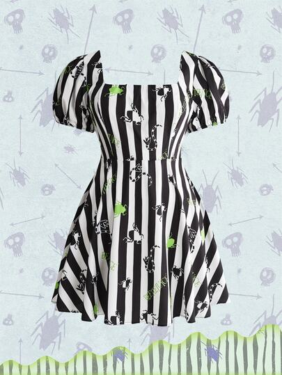 Beetlejuice X ROMWE Abito casual da donna taglie forti con stampa a righe e cartoni animati per uso quotidiano