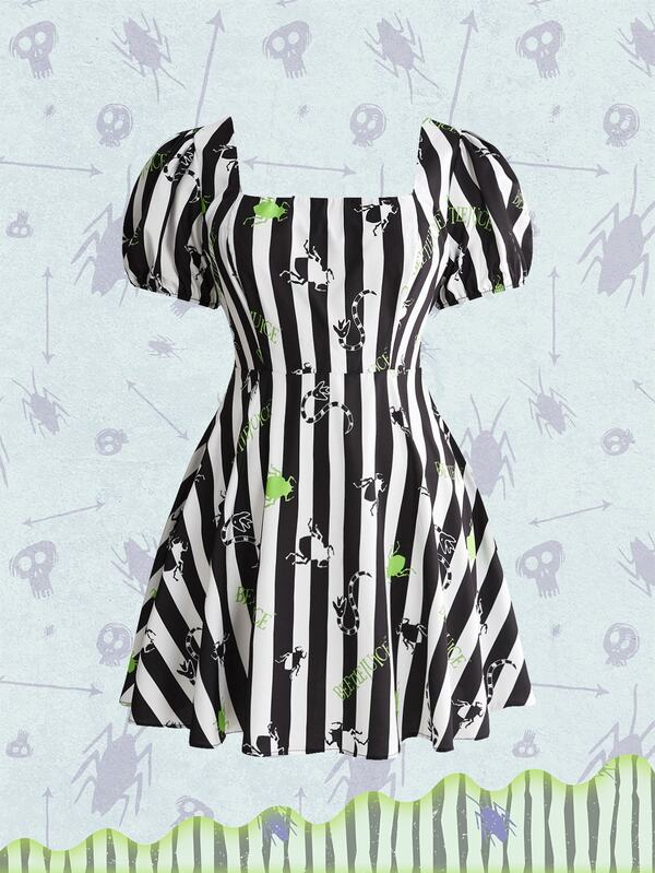 Beetlejuice X ROMWE Plus Size Women's Striped Cartoon Print Casual Daily Dress
