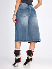 ROMWE Street Life Summer Retro Fun Street Cool Patchwork Embroidered Lucky Low Waist Loose Wide Leg Mid-Length Pants - Blue - View 7
