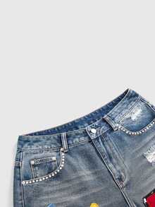 ROMWE Street Life Summer Retro Fun Street Cool Patchwork Embroidered Lucky Low Waist Loose Wide Leg Mid-Length Pants - Blue - View 11