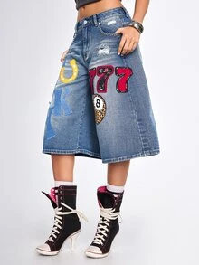 ROMWE Street Life Summer Retro Fun Street Cool Patchwork Embroidered Lucky Low Waist Loose Wide Leg Mid-Length Pants - Blue - View 4