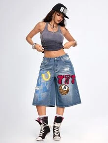 ROMWE Street Life Summer Retro Fun Street Cool Patchwork Embroidered Lucky Low Waist Loose Wide Leg Mid-Length Pants - Blue - View 2