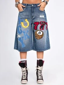 ROMWE Street Life Summer Retro Fun Street Cool Patchwork Embroidered Lucky Low Waist Loose Wide Leg Mid-Length Pants - Blue - View 5