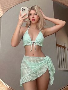 Swim Mod 女款夏季海灘純色掛脖綁帶性感時尚比基尼兩件式泳衣套裝附罩衫裙 3 件組 - 霧霾藍 - 查看 1