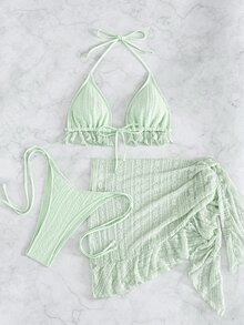 Swim Mod 女款夏季海灘純色掛脖綁帶性感時尚比基尼兩件式泳衣套裝附罩衫裙 3 件組 - 霧霾藍 - 查看 3