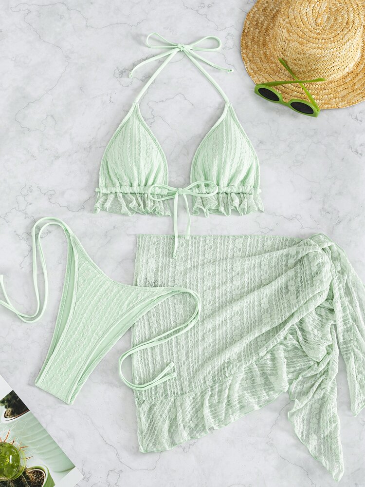 Swim Mod Women's Summer Beach Solid Color Halter Tie Sexy Fashion Bikini Two-Piece Swimwear Set With Cover Up Skirt 3-Piece - Dusty Blue - View 4