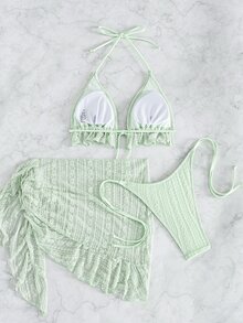 Swim Mod 女款夏季海灘純色掛脖綁帶性感時尚比基尼兩件式泳衣套裝附罩衫裙 3 件組 - 霧霾藍 - 查看 2