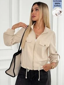 Easowa 女款冬季夾克：紅色針織立領款式，附抽繩腰部與領口綁帶細節，適合運動穿搭 (標準版) 棉質 - 杏色 - 查看 5
