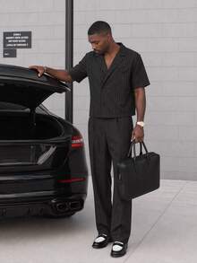 Mainfolk Men's Striped Shirt And Long Pants Set - Black - View 13