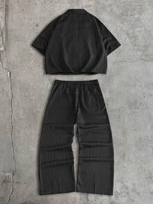 Mainfolk Men's Striped Shirt And Long Pants Set - Black - View 4