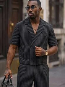Mainfolk Men's Striped Shirt And Long Pants Set - Black - View 14