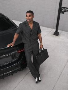 Mainfolk Men's Striped Shirt And Long Pants Set - Black - View 15