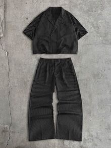 Mainfolk Men's Striped Shirt And Long Pants Set - Black - View 3