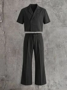 Mainfolk Men's Striped Shirt And Long Pants Set - Black - View 2