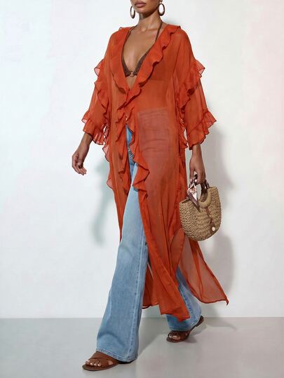 SHEIN x Rafa Kalimann Zivah Women Rust Orange Summer Boho Beach Holiday Holiday Loose Chiffon Sheer Ruffled Long Top,Casual Vacation Music Festival Travel Party Brunch Outfits